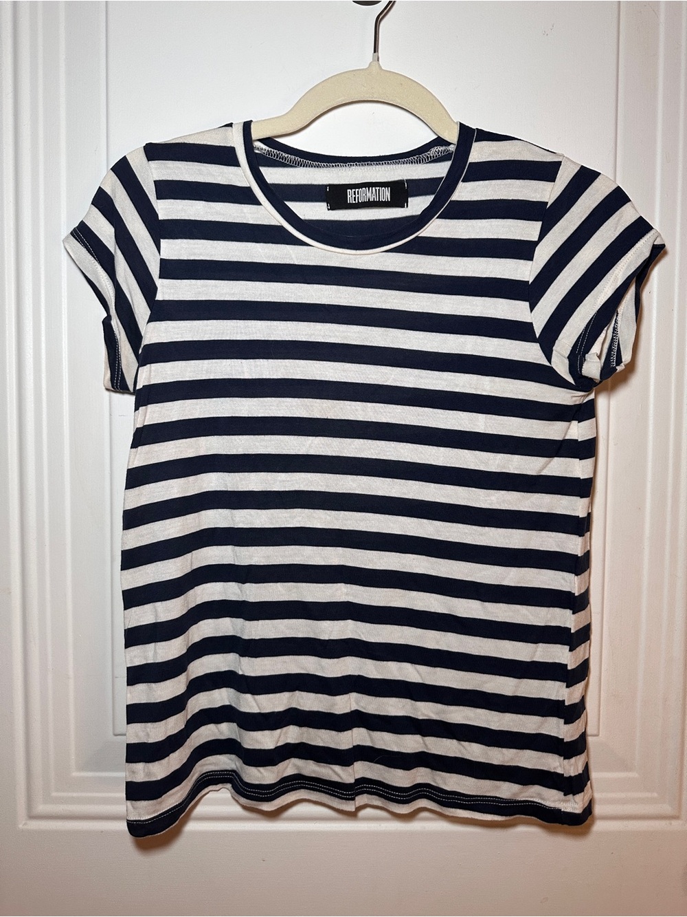 Reformation Navy & White Striped Short Sleeve Tee